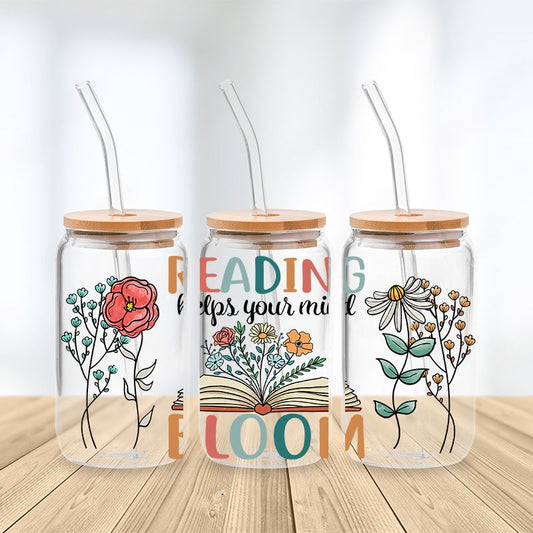Reading Helps Your Mind Bloom Glass Cup