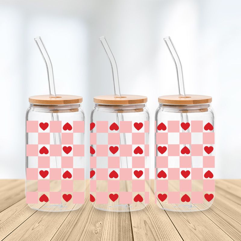 Valentine's Day Checkered Hearts Glass Cup