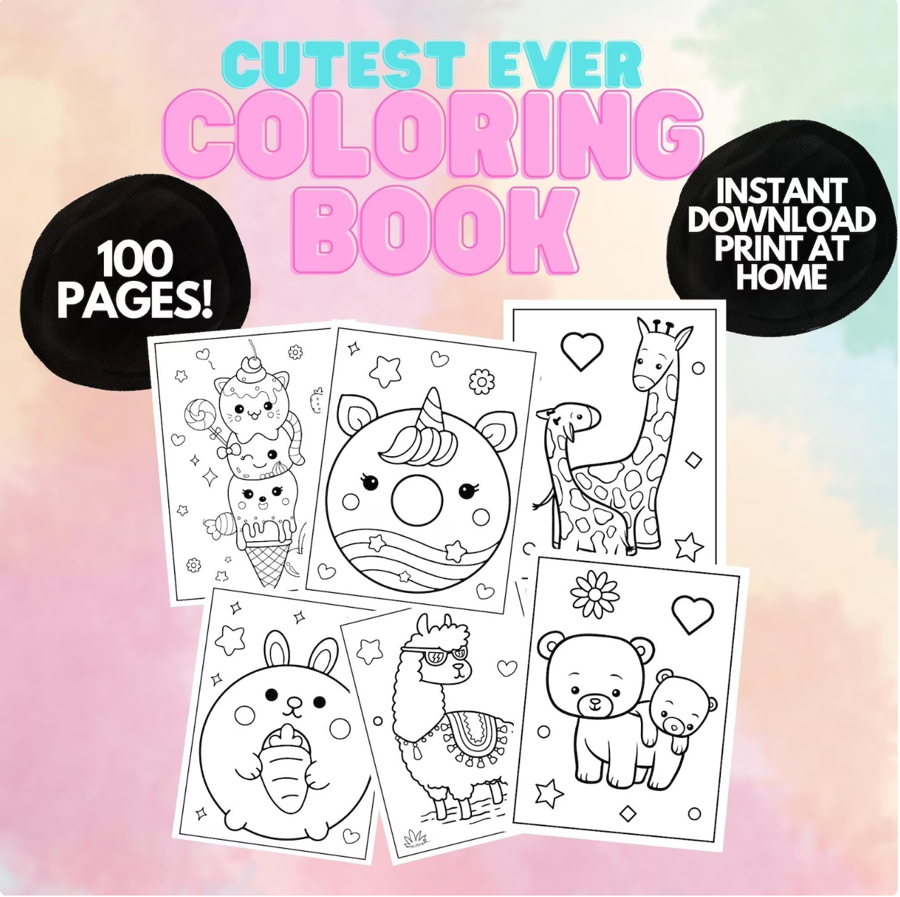 Malvorlagen für Kinder, 100 ausdruckbare Malvorlagen für Kinder, Malbuch für Kinder, ausdruckbar für den Heimunterricht, Sofortiger Download, Kawaii-Malvorlagen