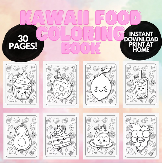 Süßes Kawaii-Malbuch mit Lebensmitteln für Kinder, Jugendliche und Erwachsene, Malseiten für Kinder, druckbares Malbuch, digitale Kawaii-Malseiten mit Lebensmitteln
