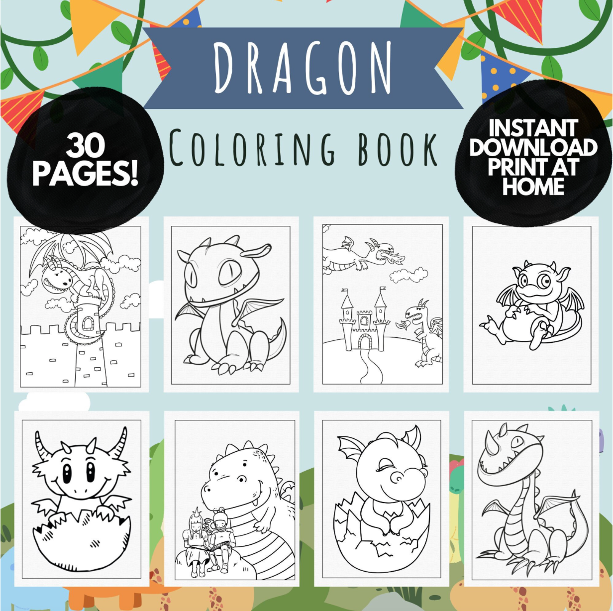 Niedliche Drachen-Malseiten für Kinder und Kleinkinder, druckbare Malseiten für Kinder, Aktivität für Drachen-Geburtstagsparty, Malbuch für Kinder im PDF-Format