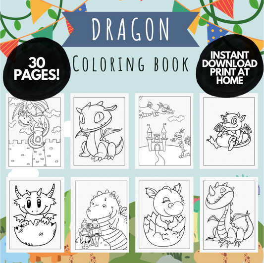 Niedliche Drachen-Malseiten für Kinder und Kleinkinder, druckbare Malseiten für Kinder, Aktivität für Drachen-Geburtstagsparty, Malbuch für Kinder im PDF-Format