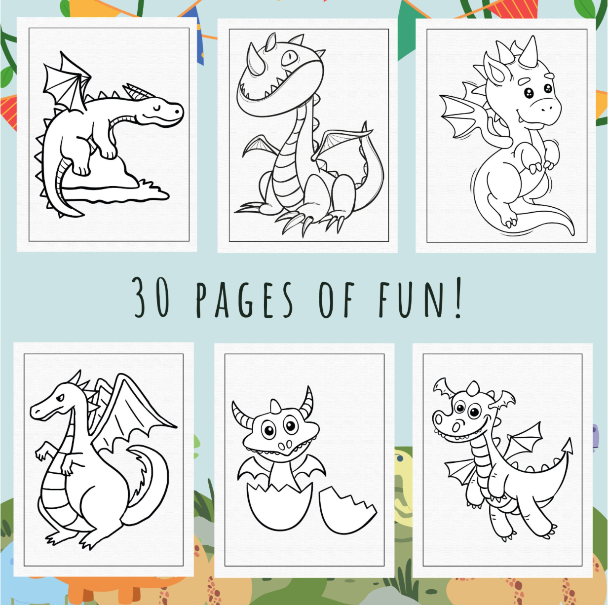 Niedliche Drachen-Malseiten für Kinder und Kleinkinder, druckbare Malseiten für Kinder, Aktivität für Drachen-Geburtstagsparty, Malbuch für Kinder im PDF-Format