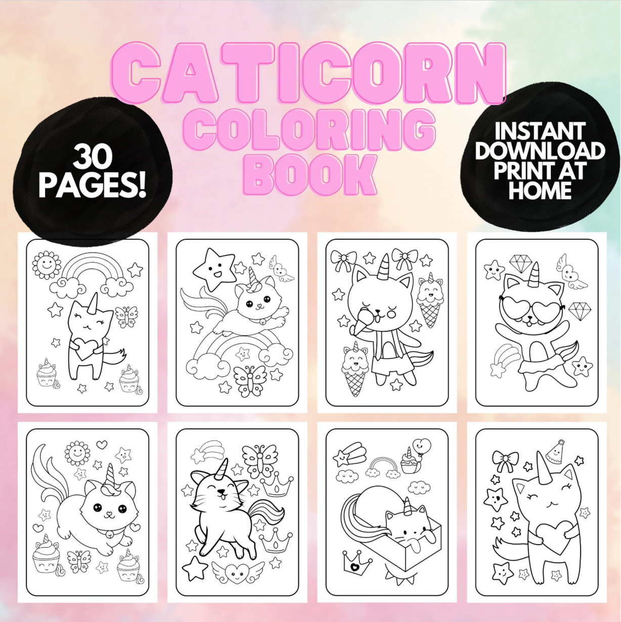 Caticorn Coloring pages for Kids, Unicorn printable coloring pages for kids, Cat Kids coloring book, homeschool printable, Kawaii coloring