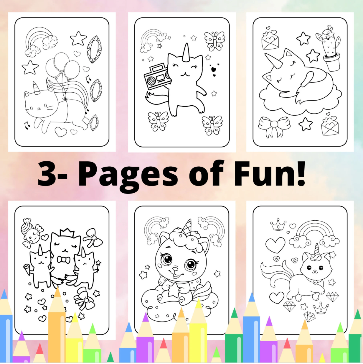 Caticorn Coloring pages for Kids, Unicorn printable coloring pages for kids, Cat Kids coloring book, homeschool printable, Kawaii coloring