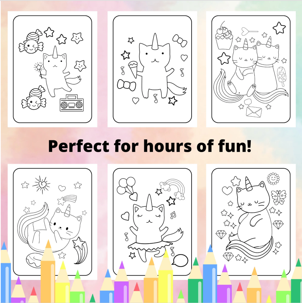 Caticorn Coloring pages for Kids, Unicorn printable coloring pages for kids, Cat Kids coloring book, homeschool printable, Kawaii coloring
