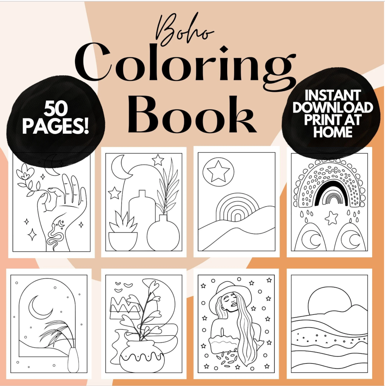 Minimalist Boho Coloring pages for Adults, Boho coloring book, printable coloring pages for adults, adult coloring book, Printable coloring