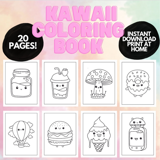 Einfaches, süßes Kawaii-Malbuch für Kinder, Jugendliche und Erwachsene, einfache Malseiten für Kinder, druckbares Malbuch, digitale Kawaii-Malseiten