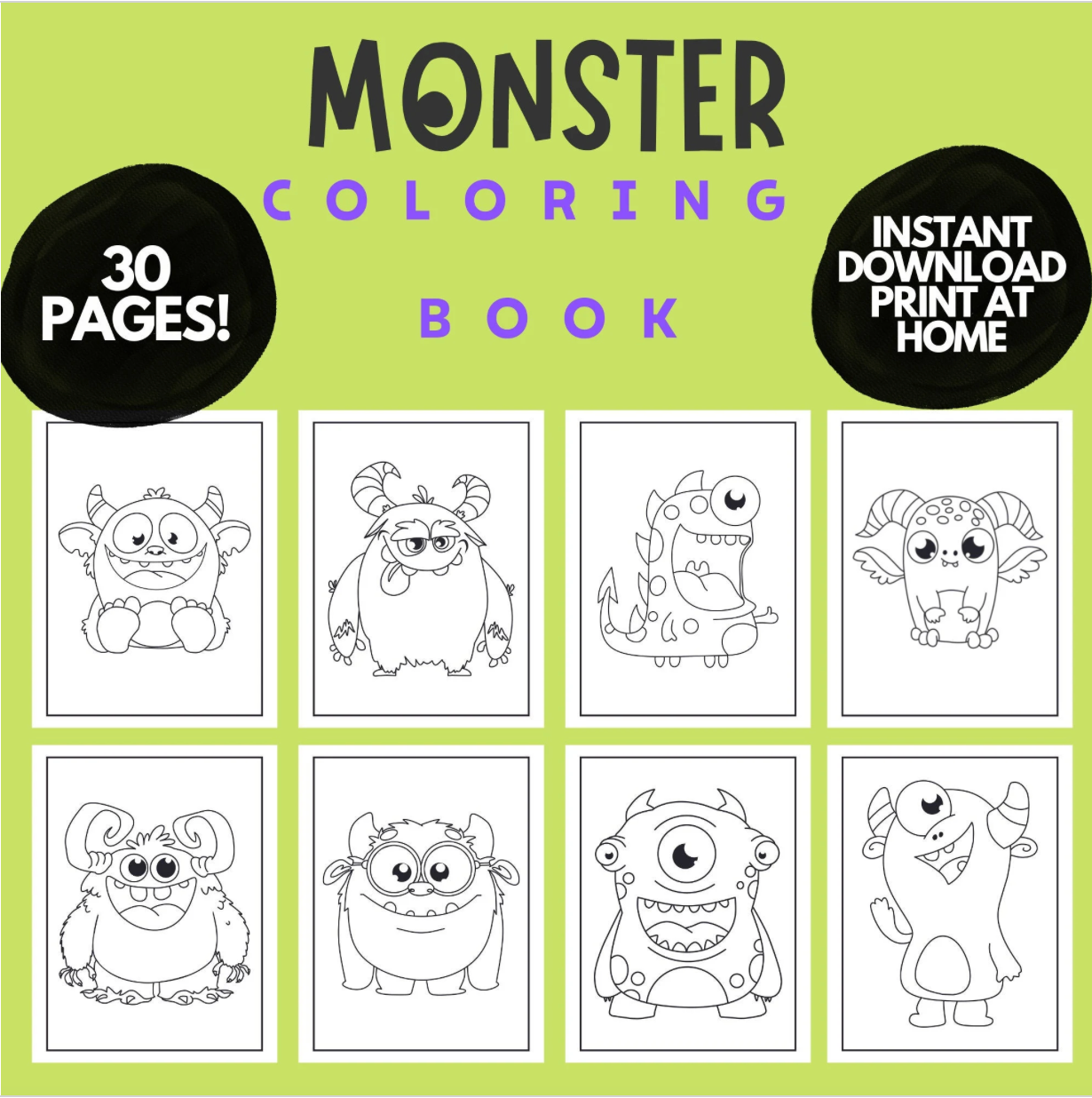 30 süße Monster-Malvorlagen zum Ausdrucken für Kinder und Kleinkinder, einfaches süßes Monster-Malbuch, Monster-Party-Aktivität zum Ausdrucken