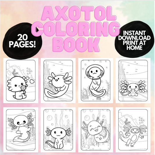 Süße Axotol-Malvorlagen, druckbare Axotol-Malvorlagen für Kinder, Malbuch für Kinder, Axotol-Geburtstagsparty-Aktivität, Kawaii-Malvorlagen