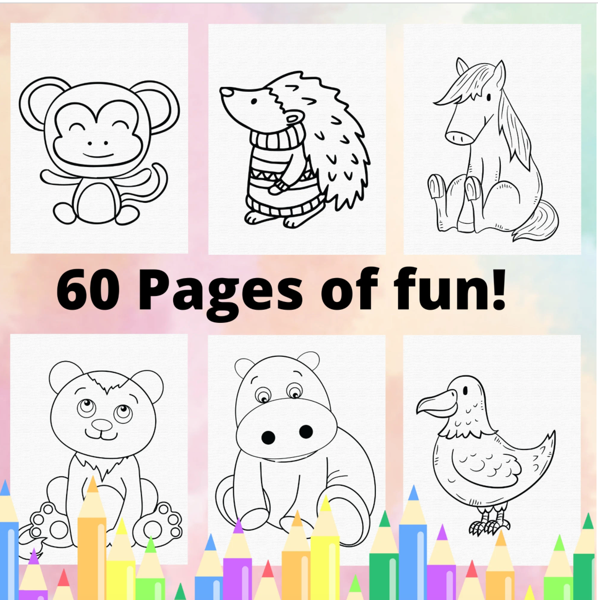 Cute Animal Coloring pages for Kids, 60 printable coloring pages for kids, Kids coloring book, Animal colouring book
