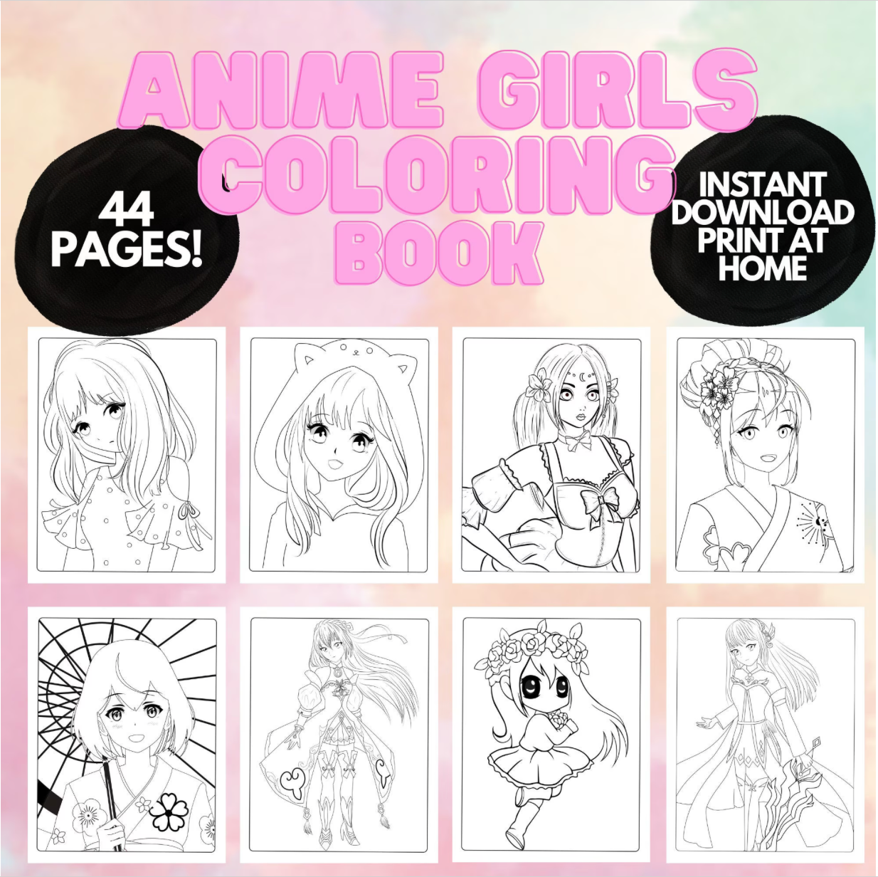 Anime Girls Coloring Book for kids teens adults,  Printable Anime Girls Coloring Pages, Digital Download Kawaii Chibi Girl Coloring Pages