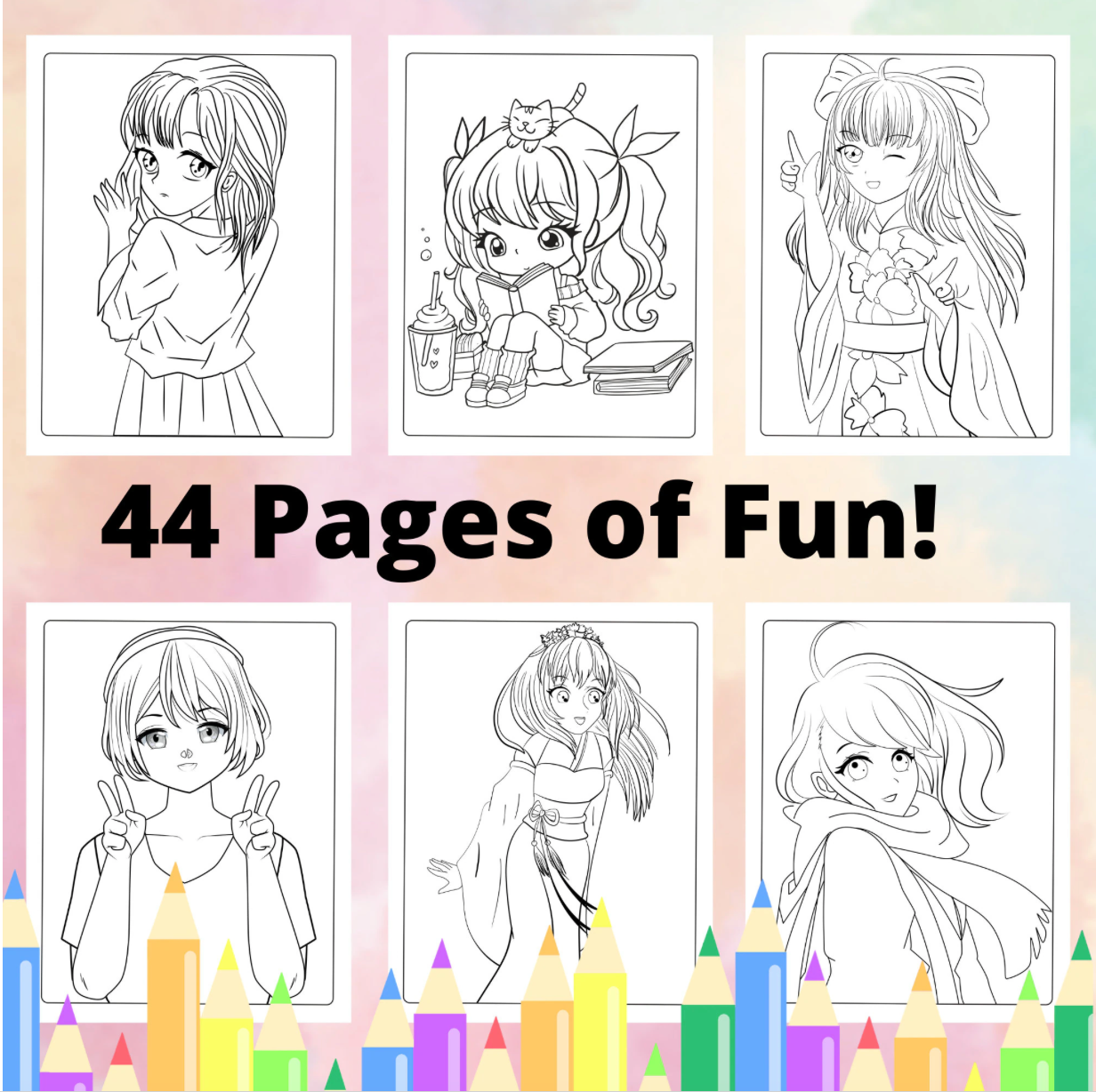Anime Girls Coloring Book for kids teens adults, Printable Anime Girls Coloring Pages, Digital Download Kawaii Chibi Girl Coloring Pages
