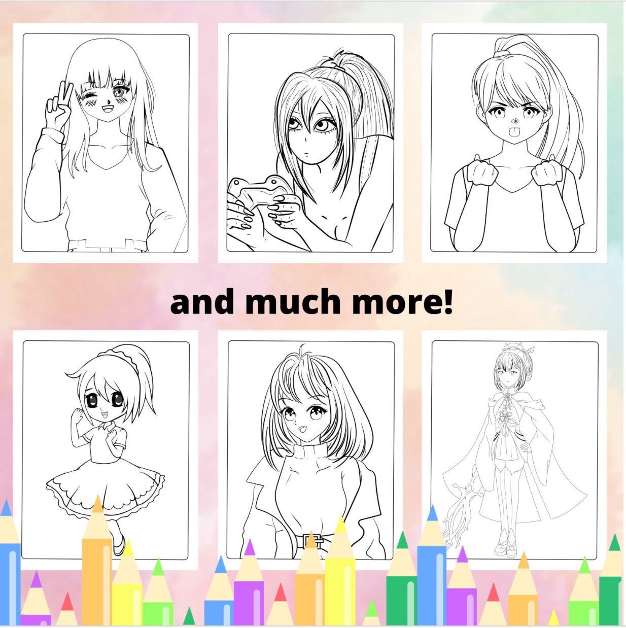 Anime Girls Coloring Book for kids teens adults, Printable Anime Girls Coloring Pages, Digital Download Kawaii Chibi Girl Coloring Pages