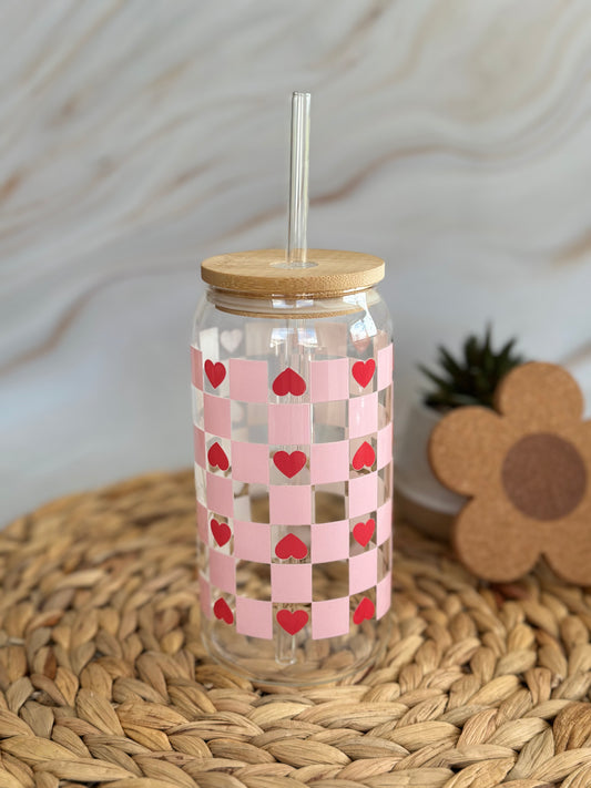 Valentine's Day Checkered Hearts Glass Cup