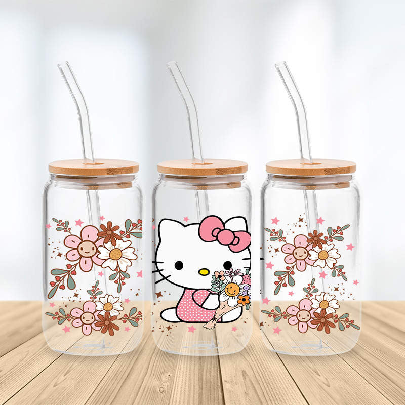 Glass Cups With Lid and Straw, Flower Glass Cups, Floral Glass