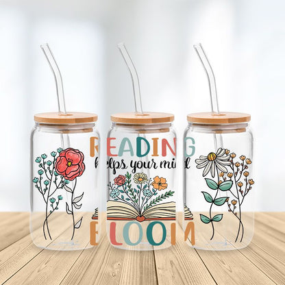 Reading Helps Your Mind Bloom Glass Cup