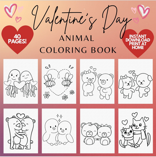 Valentine's Day Coloring pages for Kids, 40 printable coloring pages for kids, easy animal coloring book, Kids Valentine's Coloring Pages