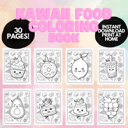 Cute Kawaii Food Coloring Book for kids teens adults, Coloring Pages for Kids, Printable Coloring Book, Digital Kawaii Food Coloring Pages