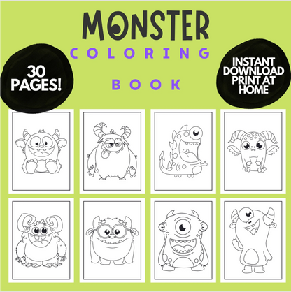 30 Cute Monster Printable Coloring pages for Kids and toddlers , Easy Cute Monster Coloring Book , Monster Party Activity Printable